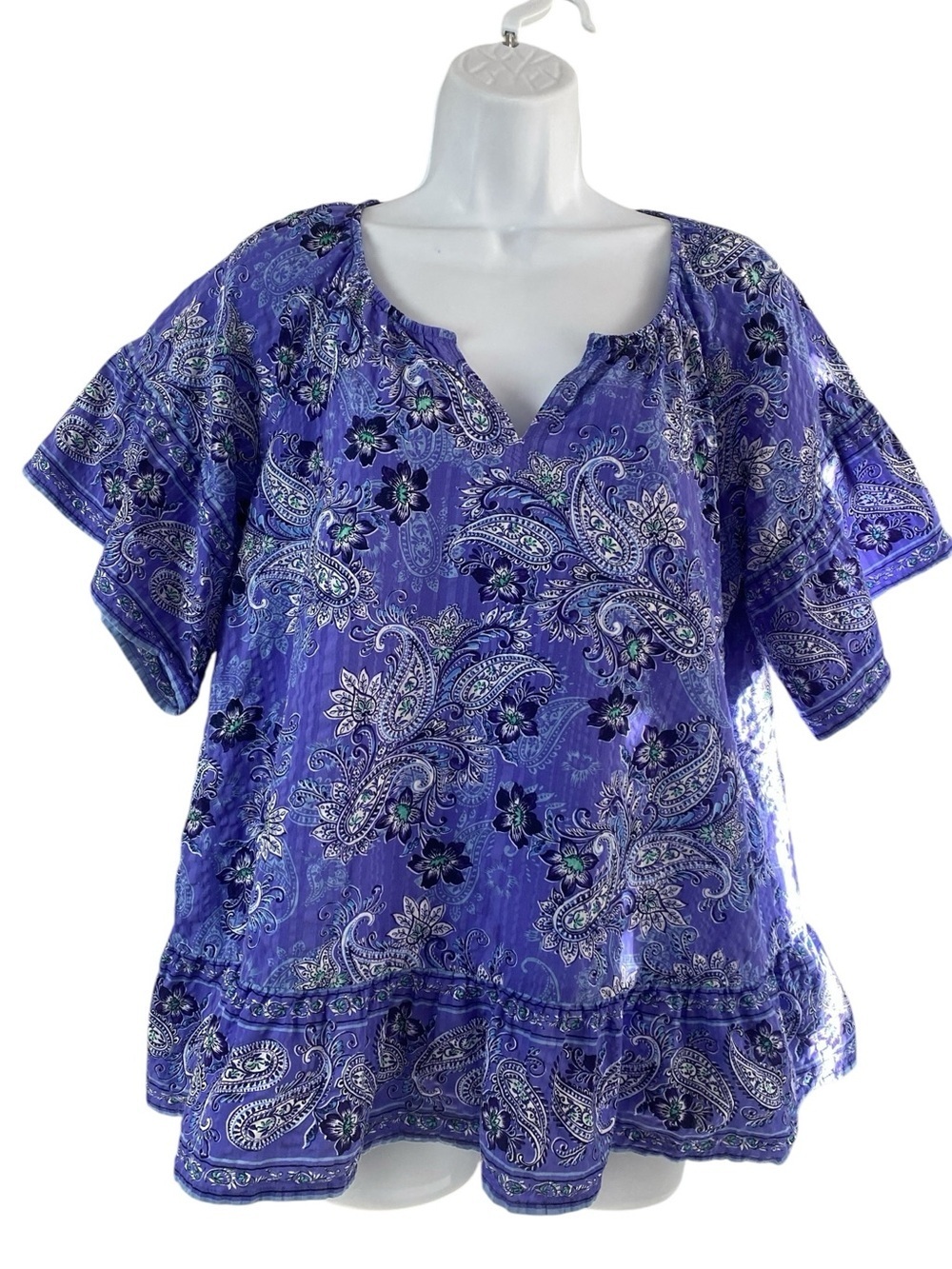 J.Jill Purple Paisley Ruffled Sleeve and Hem Blouse Size M